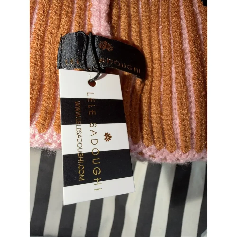 Lele Sadoughi Embellished Stripe Ribbed Beanie SATURDAY STRIPE Hat Pearls Pink